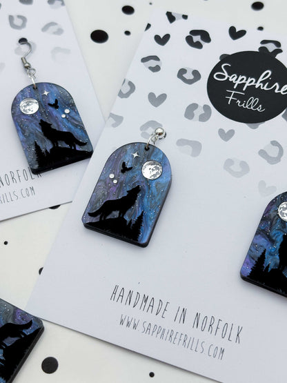 Large Wolf, Owl and Moon Night Sky Arch Dangle Earrings or Necklace – Hypoallergenic Stainless Steel