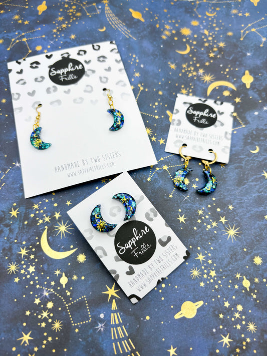 Medium Gold, Navy and Turquoise Glitter Sun and Moon Resin Earrings or Necklace – Hypoallergenic Stainless Steel