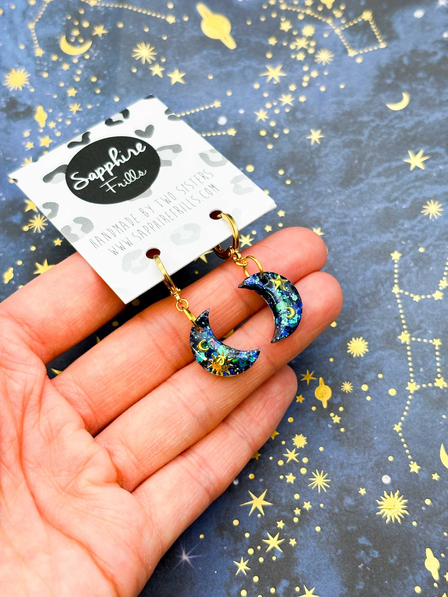 Medium Gold, Navy and Turquoise Glitter Sun and Moon Resin Earrings