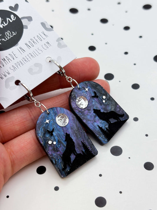 Large Wolf, Owl and Moon Night Sky Arch Dangle Earrings or Necklace – Hypoallergenic Stainless Steel