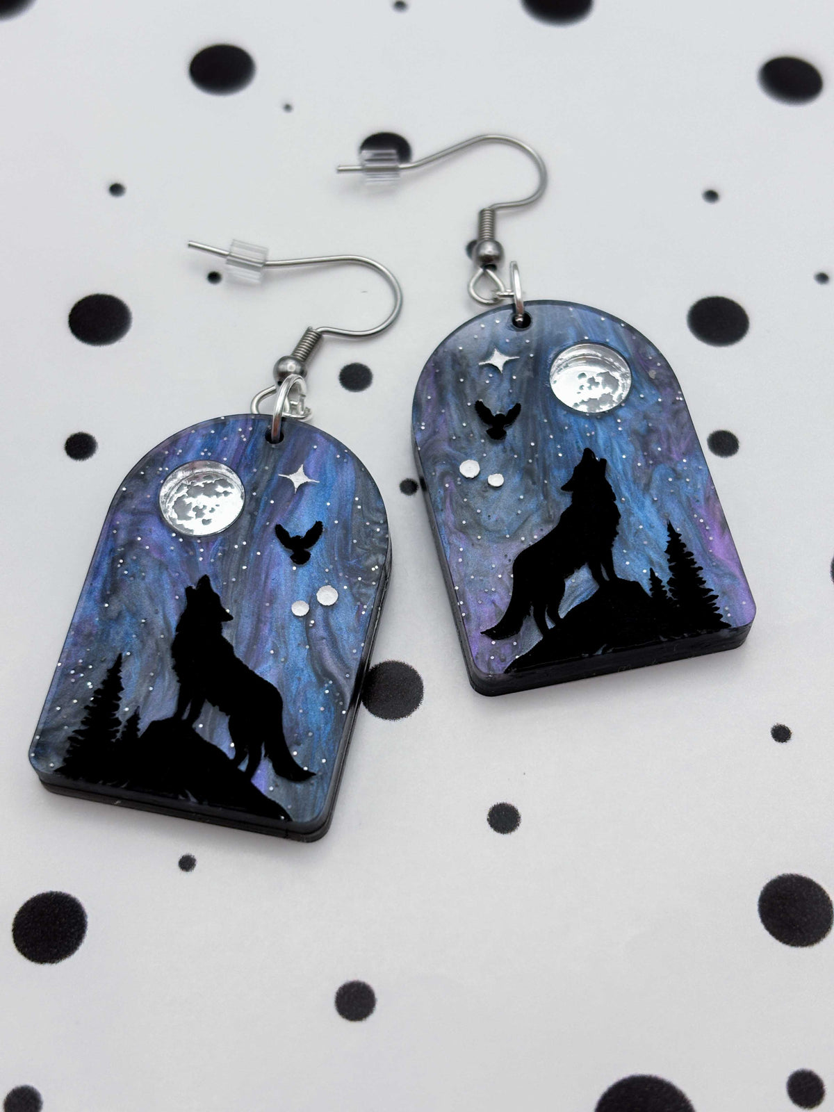 Large Wolf, Owl and Moon Night Sky Arch Dangle Earrings or Necklace – Hypoallergenic Stainless Steel