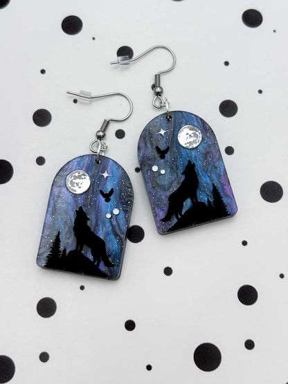 Large Wolf, Owl and Moon Night Sky Arch Dangle Earrings or Necklace – Hypoallergenic Stainless Steel