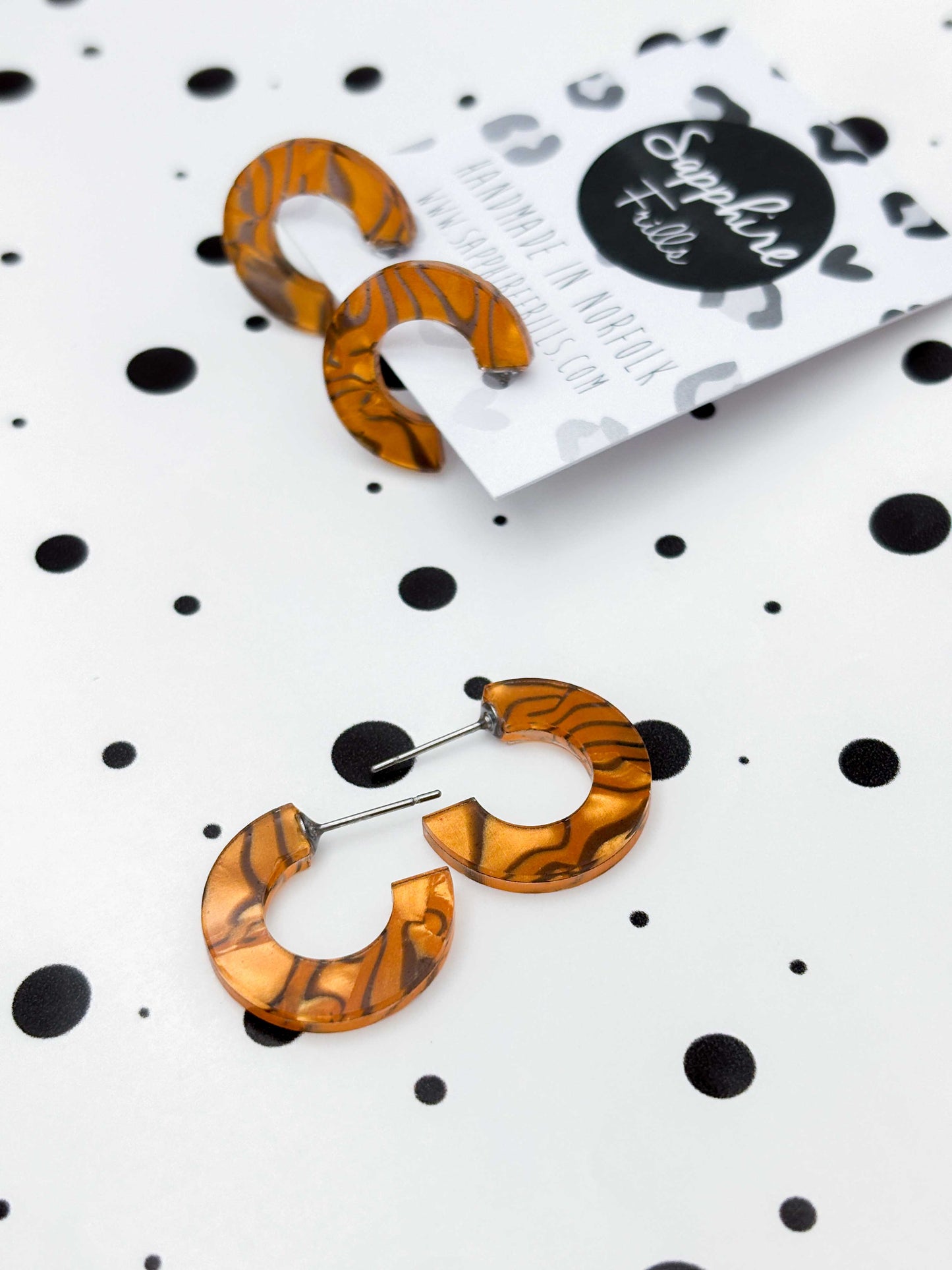 Medium Tan and Black Tiger Marble Acrylic Circle Hoops – Hypoallergenic Stainless Steel