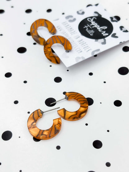 Medium Tan and Black Tiger Marble Acrylic Circle Hoops – Hypoallergenic Stainless Steel