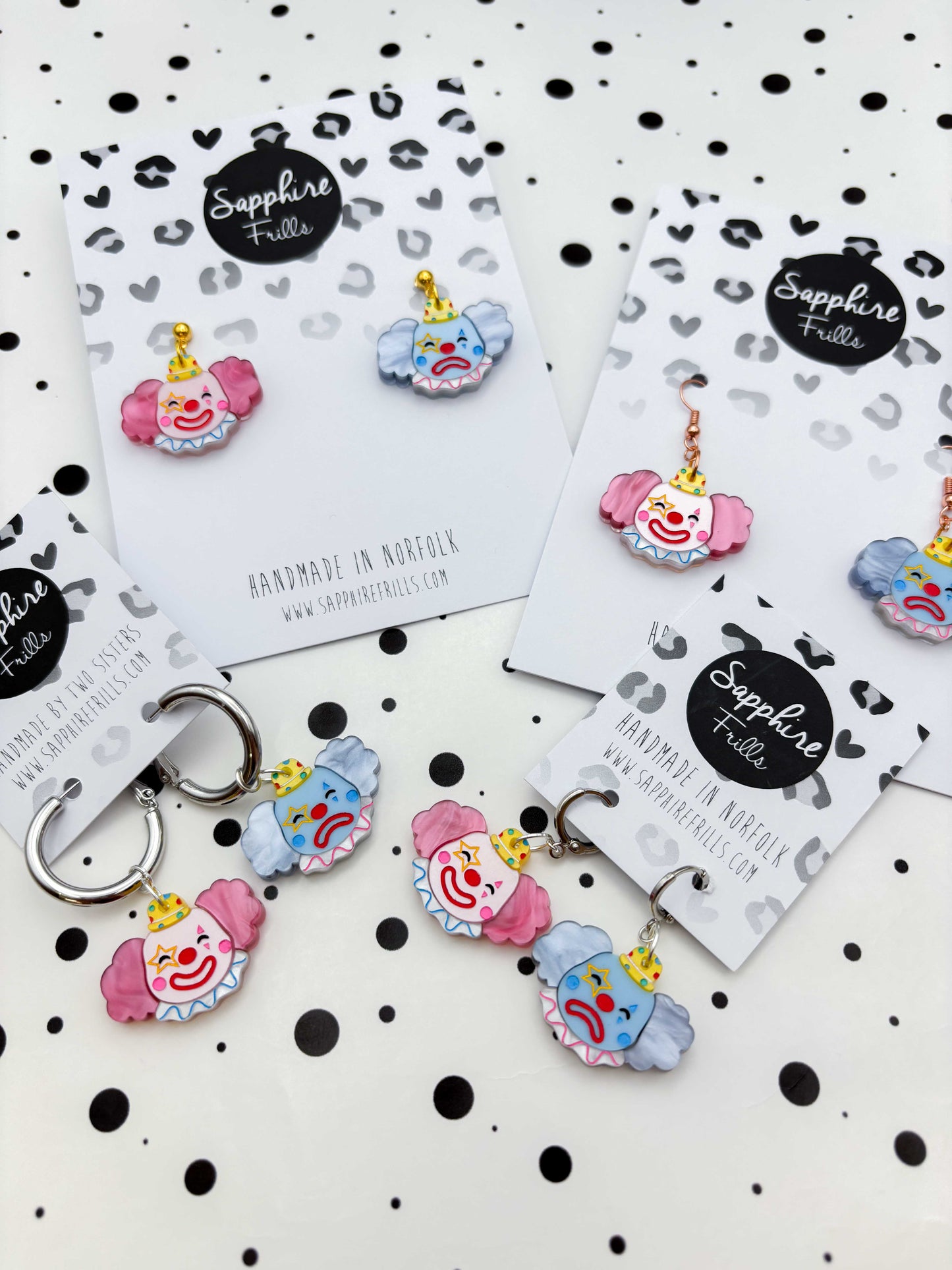 Large Happy and Blue, Pink and Blue Mismatch Clown Dangle Earrings