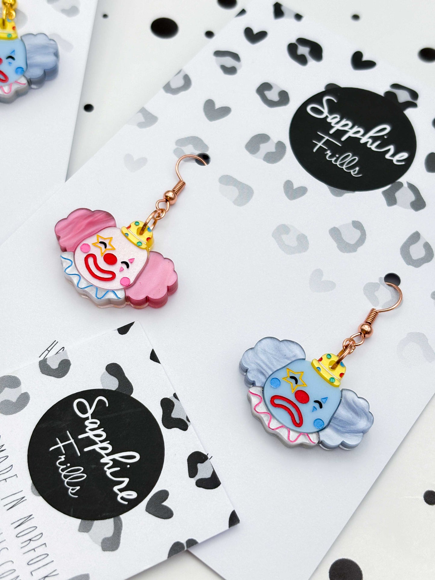 Large Happy and Blue, Pink and Blue Mismatch Clown Dangle Earrings