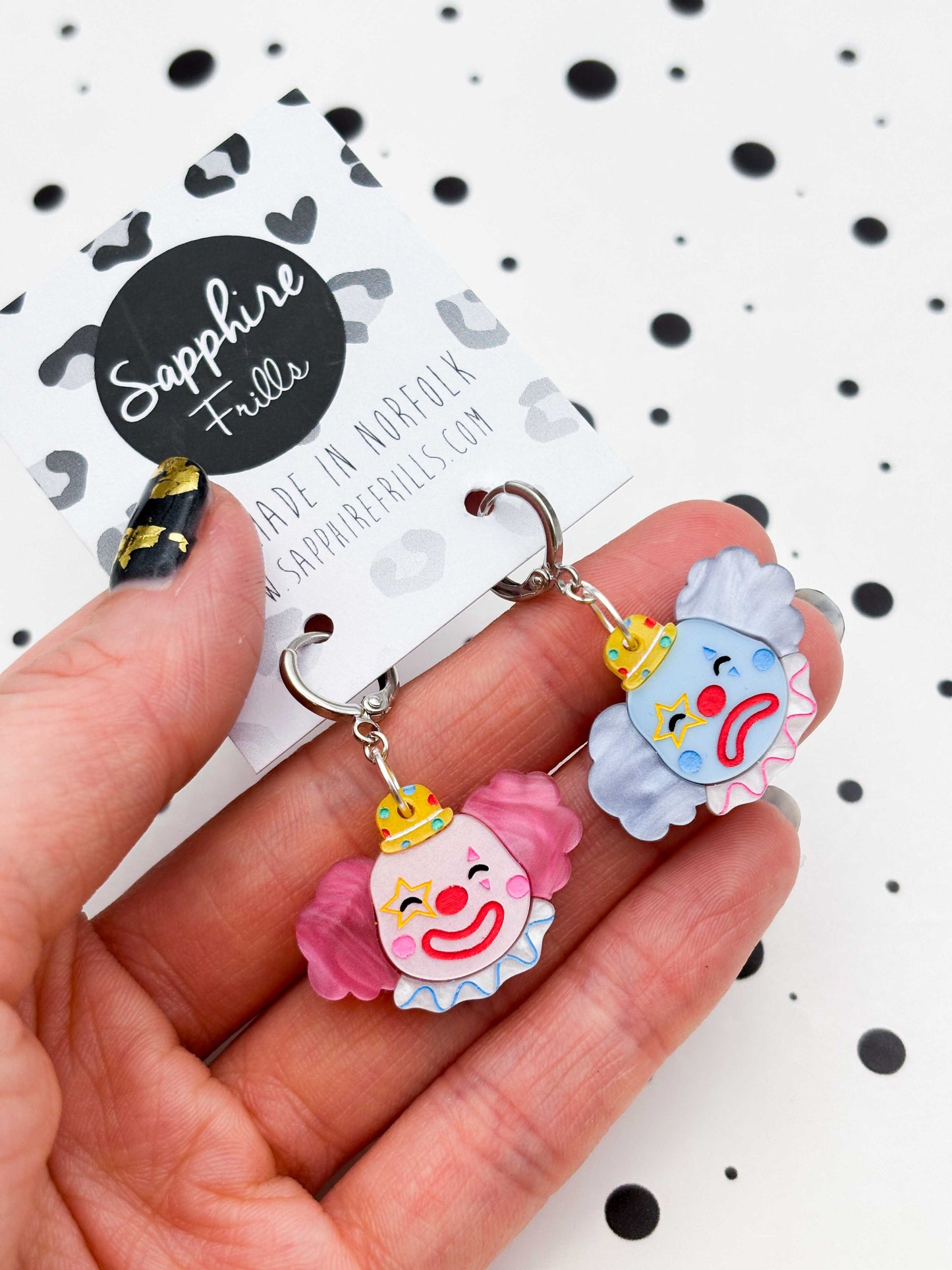 Large Happy and Blue, Pink and Blue Mismatch Clown Dangle Earrings