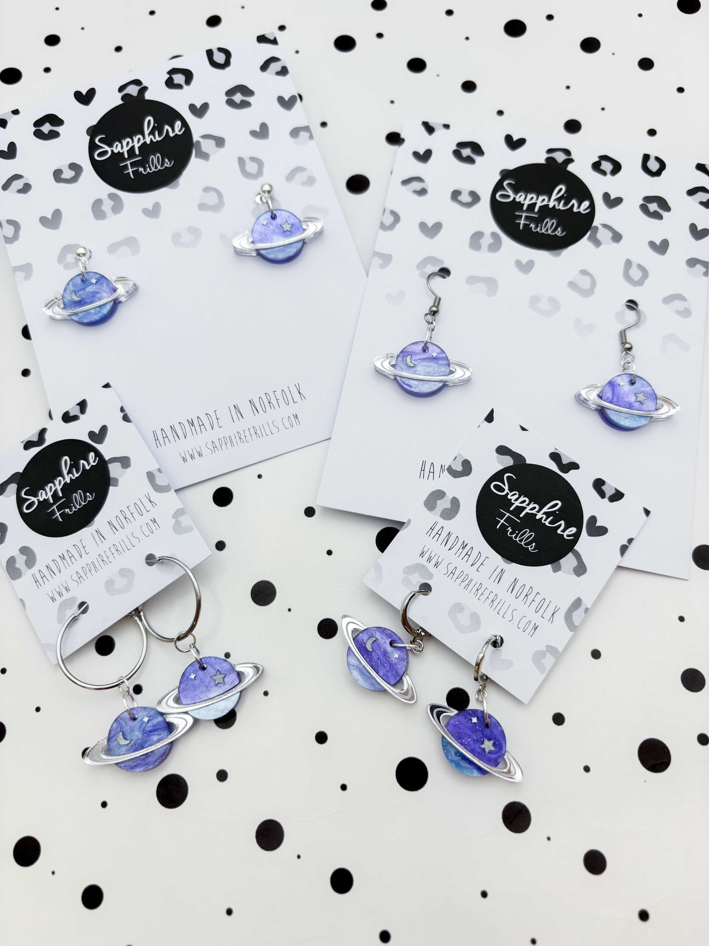 Medium Periwinkle Glitter Marble Star and Moon Planet Dangle Earrings or Necklace – Hypoallergenic Stainless Steel