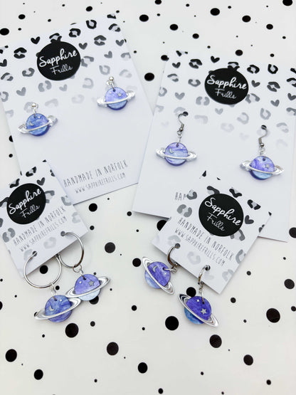 Medium Periwinkle Glitter Marble Star and Moon Planet Dangle Earrings or Necklace – Hypoallergenic Stainless Steel