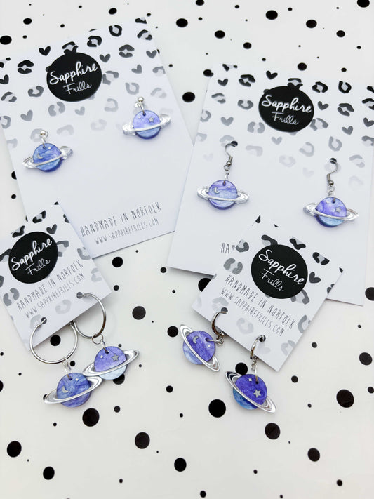 Medium Periwinkle Glitter Marble Star and Moon Planet Dangle Earrings or Necklace – Hypoallergenic Stainless Steel