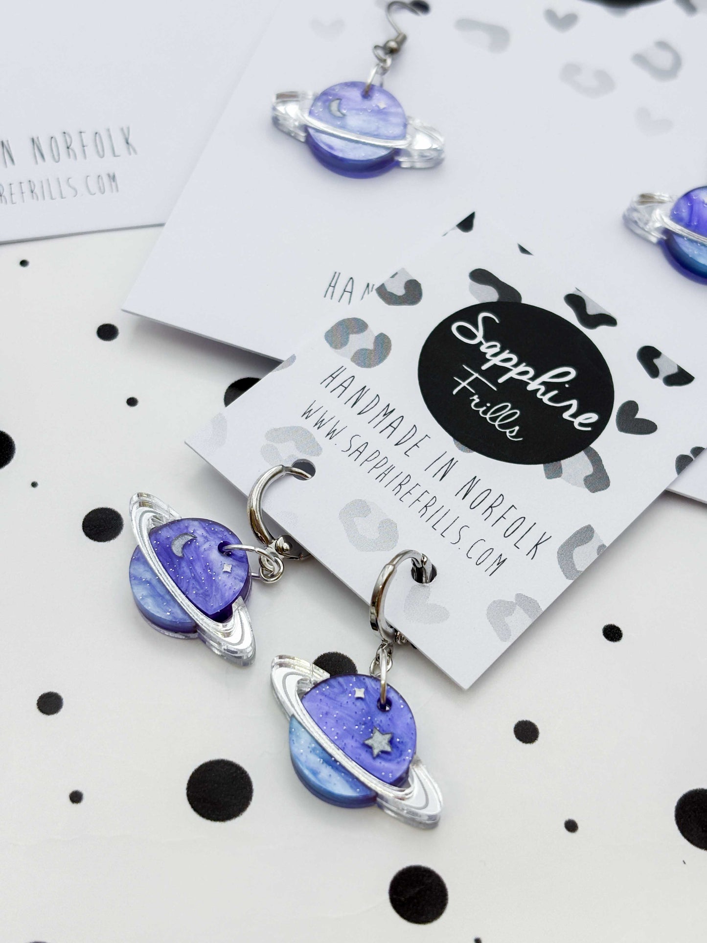 Medium Periwinkle Glitter Marble Star and Moon Planet Dangle Earrings or Necklace – Hypoallergenic Stainless Steel