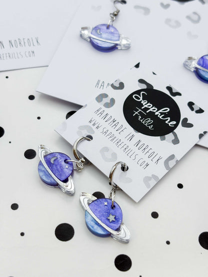 Medium Periwinkle Glitter Marble Star and Moon Planet Dangle Earrings or Necklace – Hypoallergenic Stainless Steel