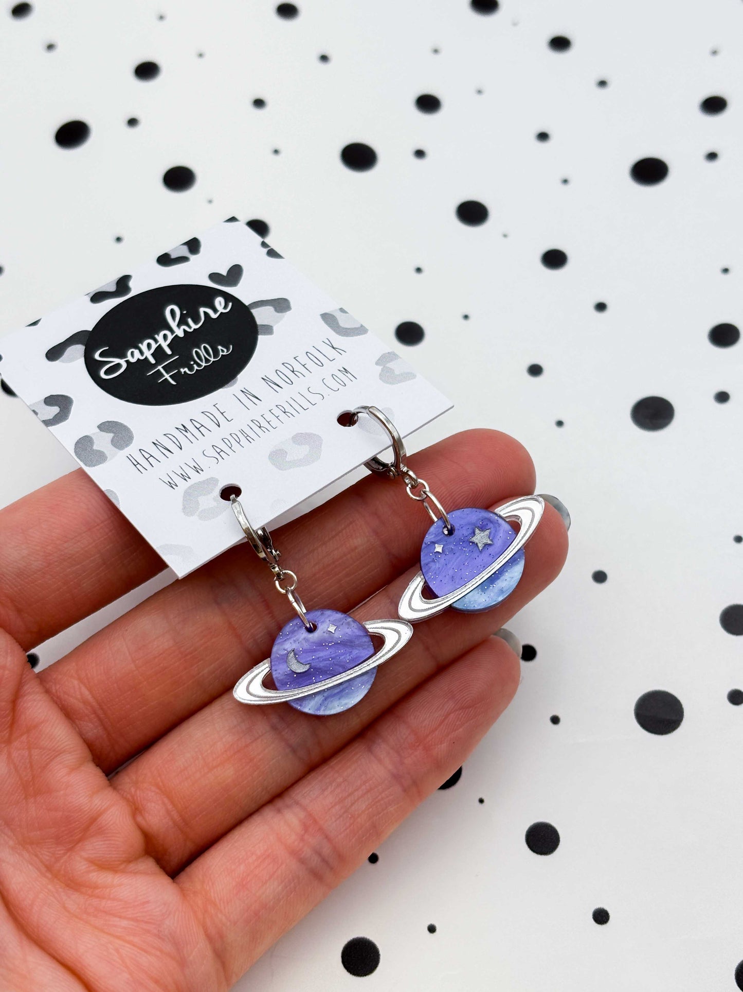 Medium Periwinkle Glitter Marble Star and Moon Planet Dangle Earrings or Necklace – Hypoallergenic Stainless Steel