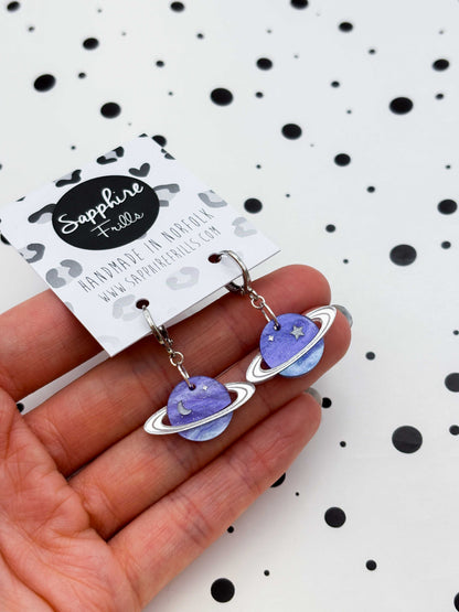 Medium Periwinkle Glitter Marble Star and Moon Planet Dangle Earrings or Necklace – Hypoallergenic Stainless Steel