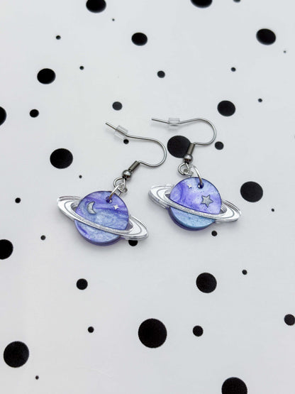 Medium Periwinkle Glitter Marble Star and Moon Planet Dangle Earrings or Necklace – Hypoallergenic Stainless Steel