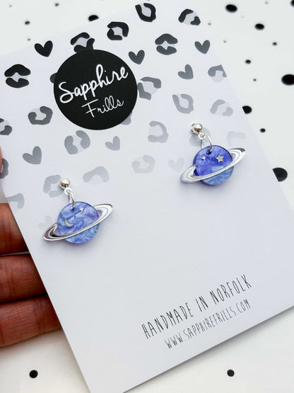 Medium Periwinkle Glitter Marble Star and Moon Planet Dangle Earrings or Necklace – Hypoallergenic Stainless Steel
