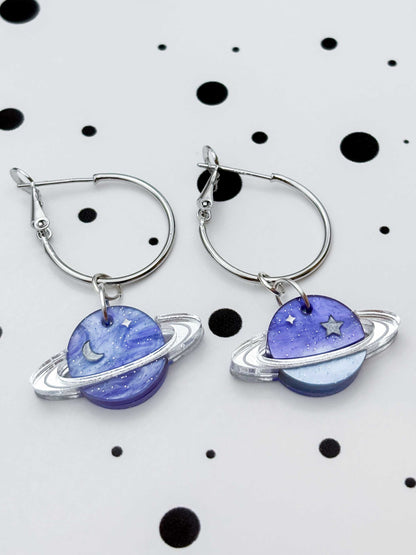 Medium Periwinkle Glitter Marble Star and Moon Planet Dangle Earrings or Necklace – Hypoallergenic Stainless Steel