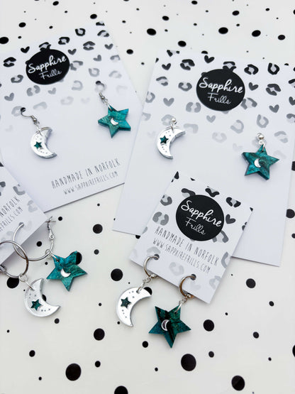 Medium Teal and Silver Glitter Mismatch Star and Moon Dangle Earrings or Necklace – Hypoallergenic Stainless Steel