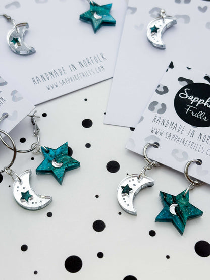 Medium Teal and Silver Glitter Mismatch Star and Moon Dangle Earrings or Necklace – Hypoallergenic Stainless Steel