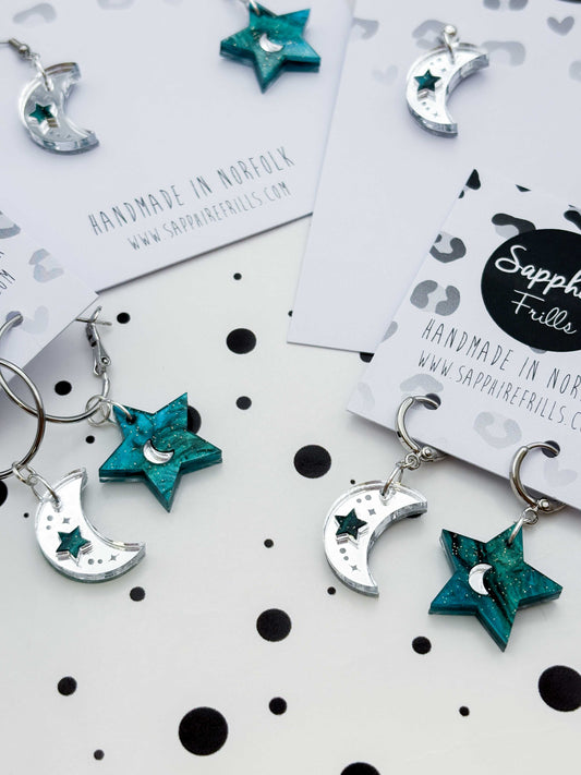 Medium Teal and Silver Glitter Mismatch Star and Moon Dangle Earrings or Necklace – Hypoallergenic Stainless Steel
