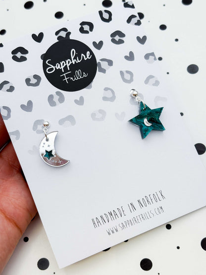 Medium Teal and Silver Glitter Mismatch Star and Moon Dangle Earrings or Necklace – Hypoallergenic Stainless Steel