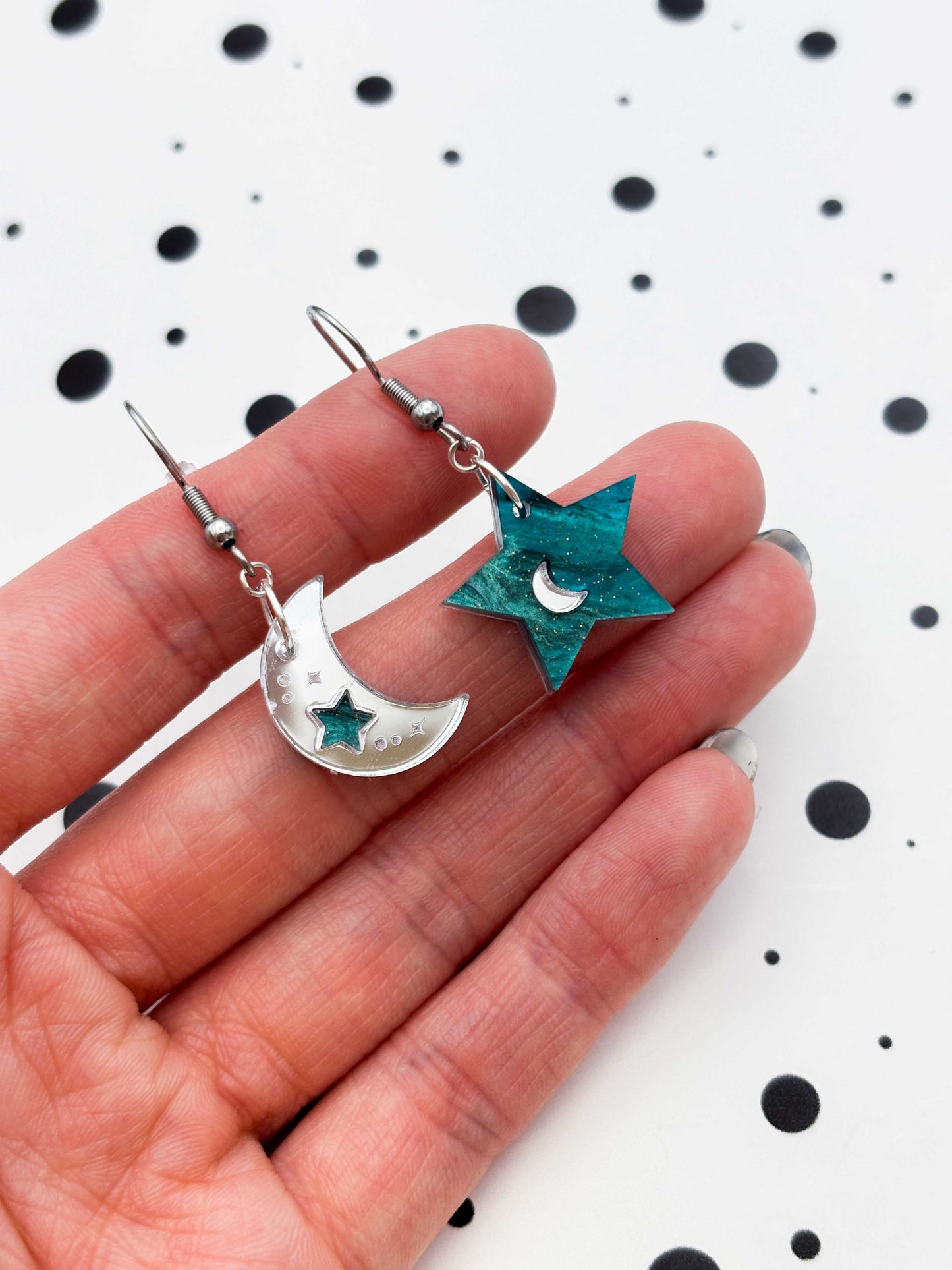 Medium Teal and Silver Glitter Mismatch Star and Moon Dangle Earrings
