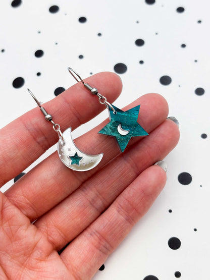 Medium Teal and Silver Glitter Mismatch Star and Moon Dangle Earrings or Necklace – Hypoallergenic Stainless Steel