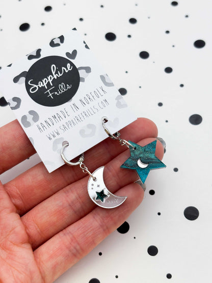 Medium Teal and Silver Glitter Mismatch Star and Moon Dangle Earrings or Necklace – Hypoallergenic Stainless Steel