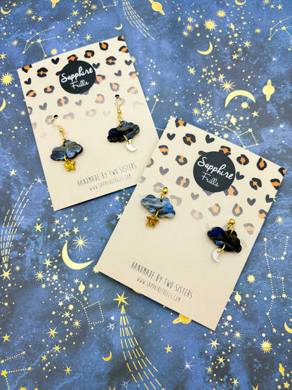 Navy Night Sky Marble and Gold Glitter Cloud, Moon & Star Dangle Earrings or Necklace – Hypoallergenic Stainless Steel