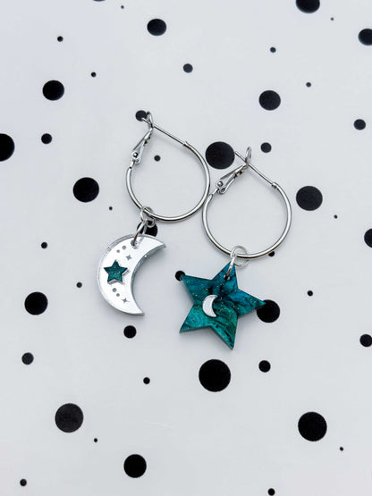 Medium Teal and Silver Glitter Mismatch Star and Moon Dangle Earrings or Necklace – Hypoallergenic Stainless Steel