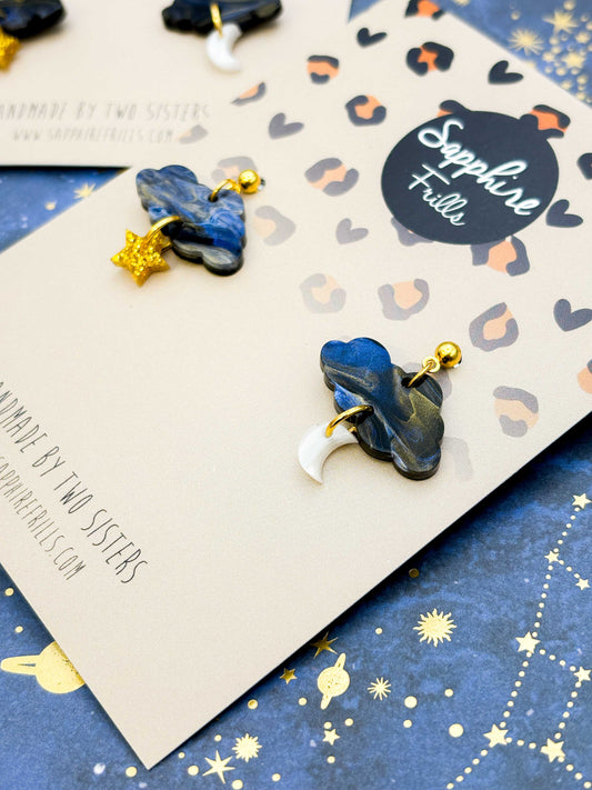 Navy Night Sky Marble and Gold Glitter Cloud, Moon & Star Dangle Earrings or Necklace – Hypoallergenic Stainless Steel