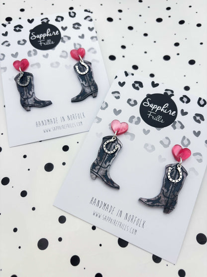 Grey and Pink Glitter Marble Heart and Cowboy Boots Statement Dangle Earrings – Hypoallergenic Stainless Steel