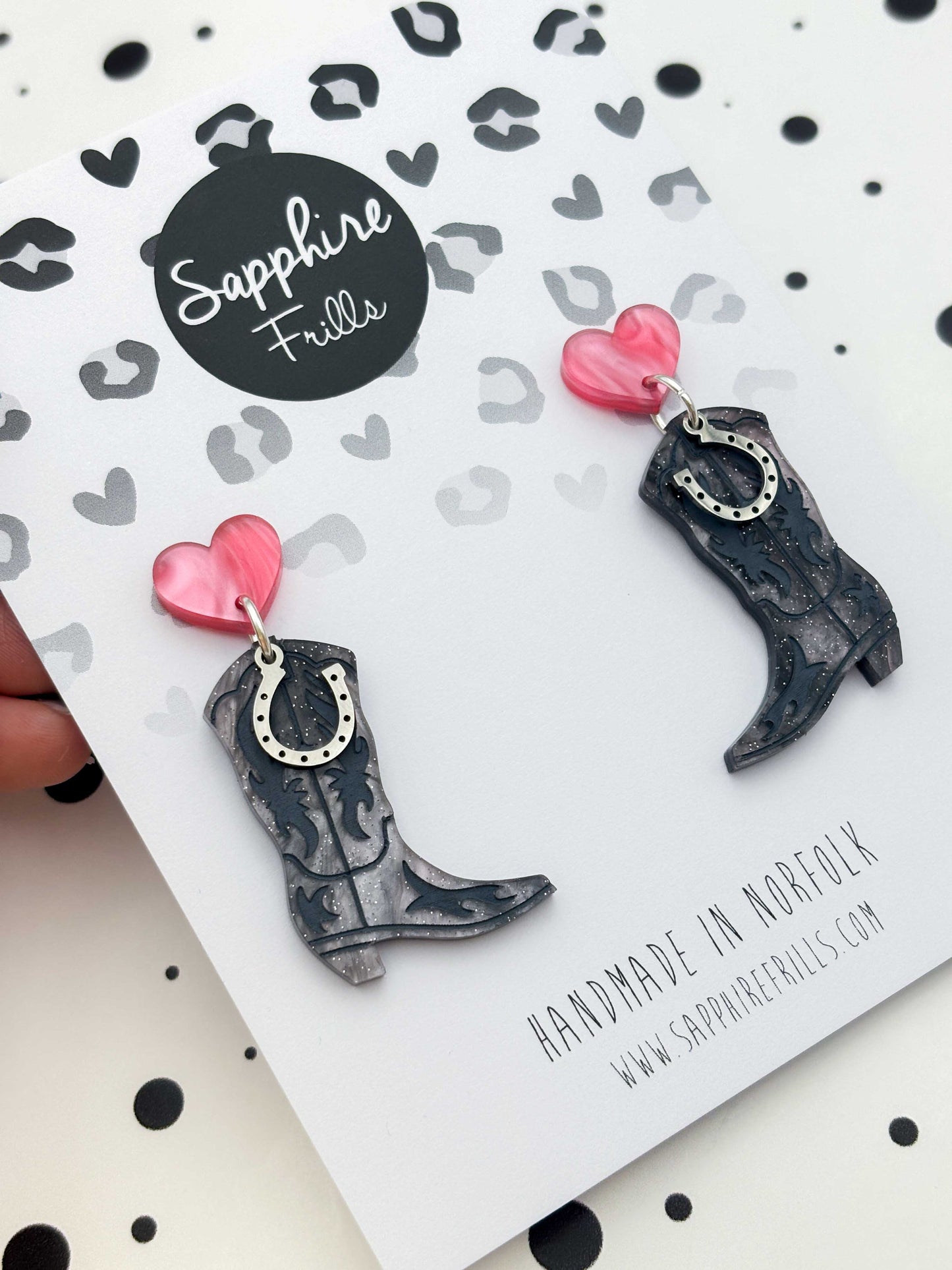 Grey and Pink Glitter Marble Heart and Cowboy Boots Statement Dangle Earrings – Hypoallergenic Stainless Steel