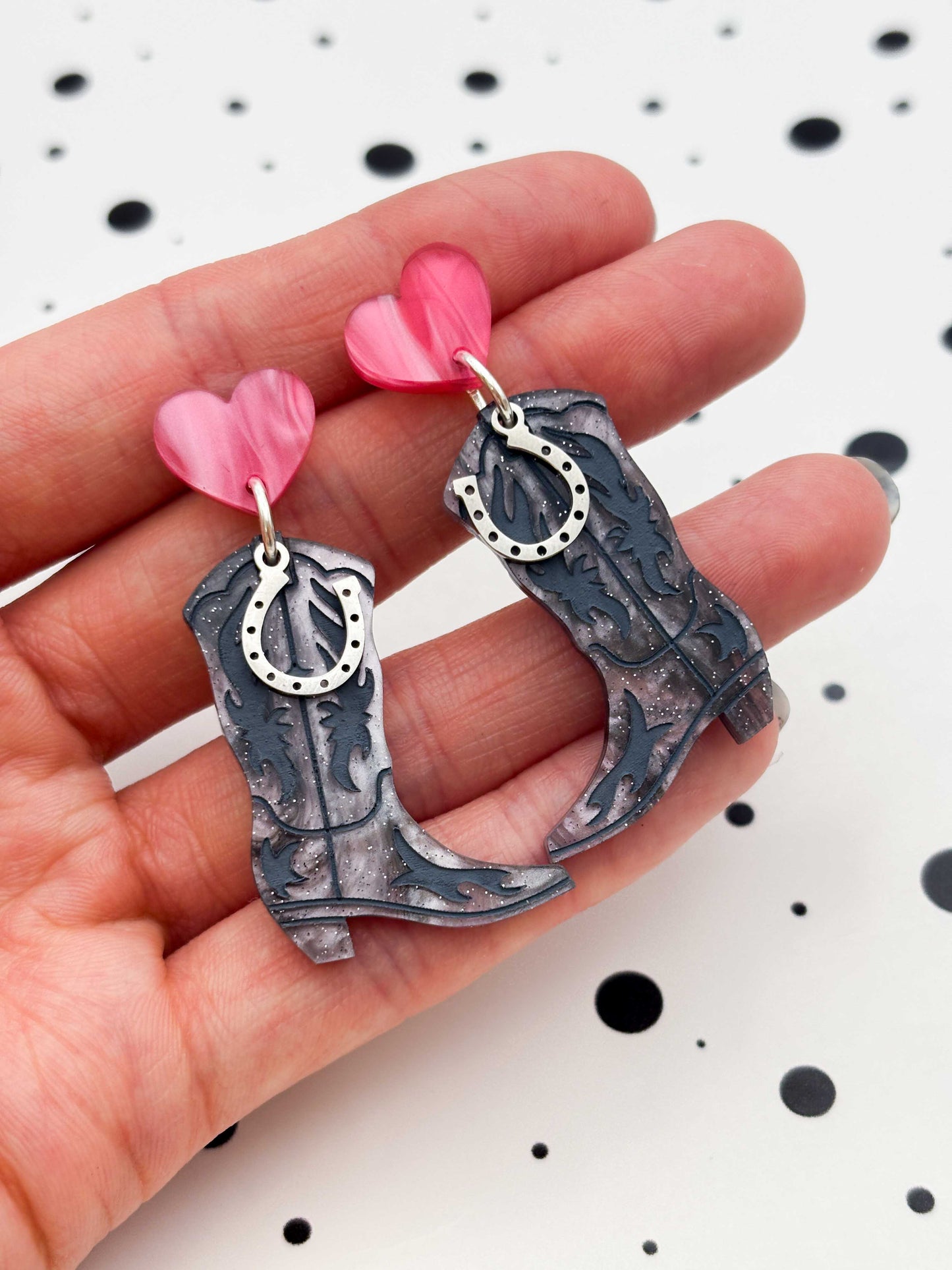Grey and Pink Glitter Marble Heart and Cowboy Boots Statement Dangle Earrings – Hypoallergenic Stainless Steel