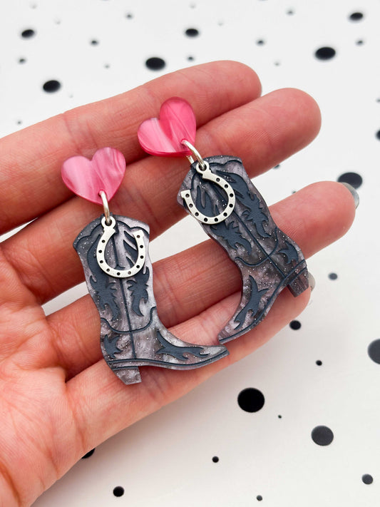 Grey and Pink Glitter Marble Heart and Cowboy Boots Statement Dangle Earrings – Hypoallergenic Stainless Steel