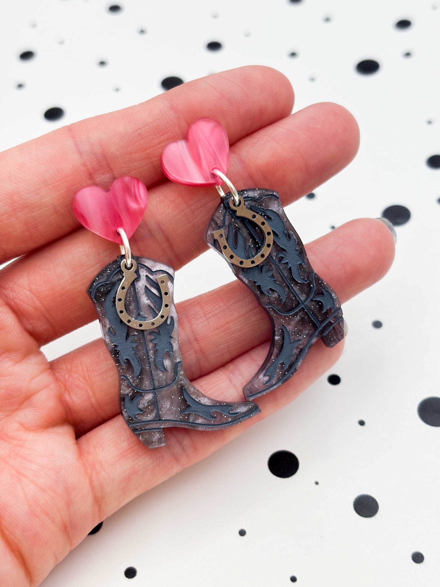 Grey and Pink Glitter Marble Heart and Cowboy Boots Statement Dangle Earrings – Hypoallergenic Stainless Steel