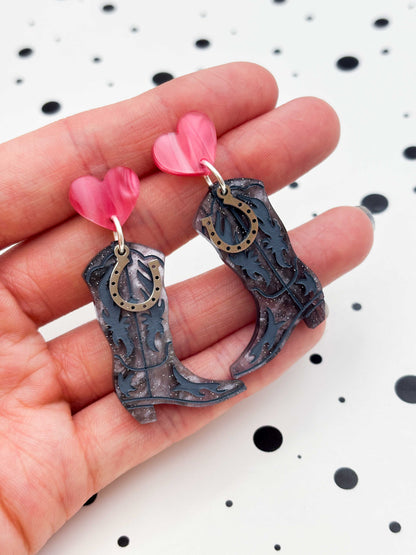 Grey and Pink Glitter Marble Heart and Cowboy Boots Statement Dangle Earrings – Hypoallergenic Stainless Steel