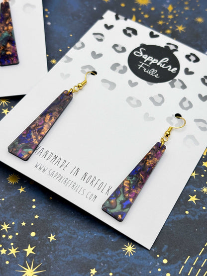 Large Purple, Blue, Turquoise and Copper Jungle Marble Ink Trapeze Dangle Earrings or Necklace – Hypoallergenic Stainless Steel