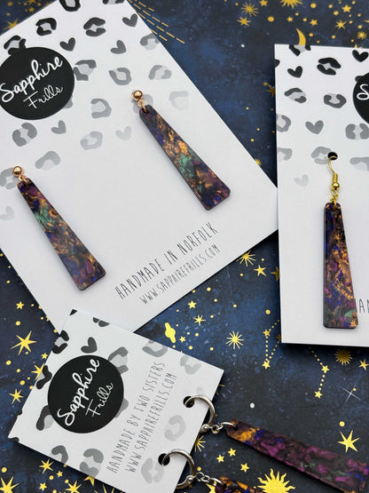 Large Purple, Blue, Turquoise and Copper Jungle Marble Ink Trapeze Dangle Earrings or Necklace – Hypoallergenic Stainless Steel
