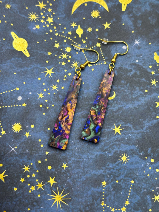 Large Purple, Blue, Turquoise and Copper Jungle Marble Ink Trapeze Dangle Earrings or Necklace – Hypoallergenic Stainless Steel