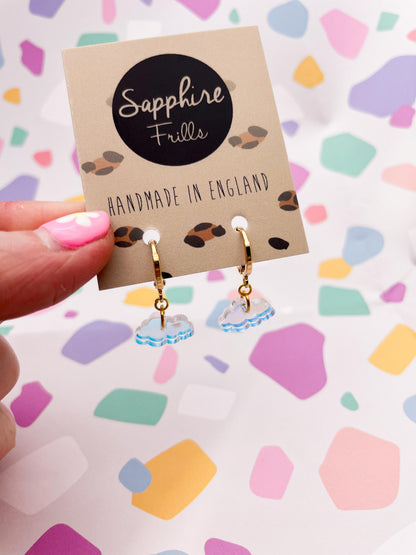 Mini Iridescent Blue Acrylic Cloud Dangle Earrings or Necklace – Hypoallergenic Stainless Steel