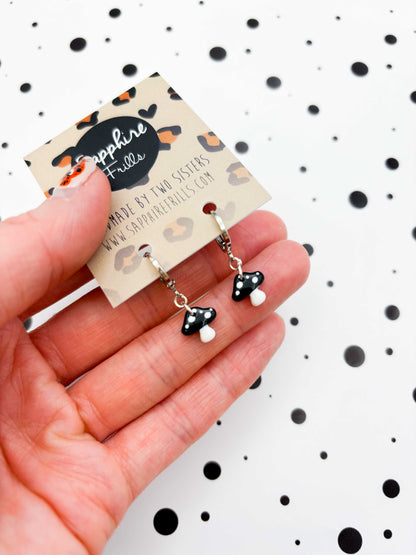 Mini Black and White Mushroom Earrings or Necklace – Hypoallergenic Stainless Steel