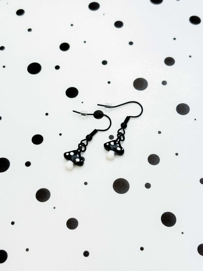 Mini Black and White Mushroom Earrings or Necklace – Hypoallergenic Stainless Steel