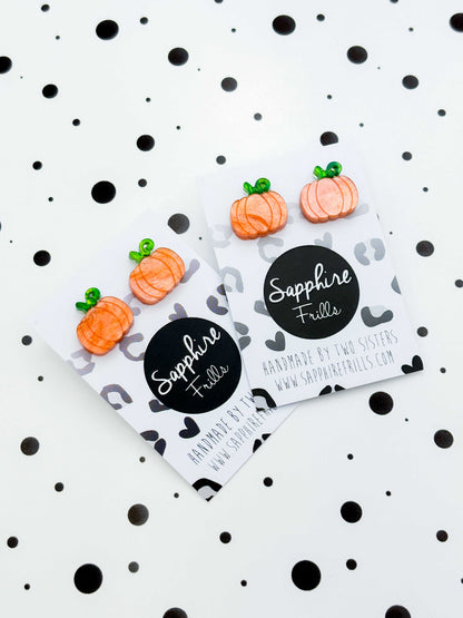 Small Orange and Green Glitter Marble Acrylic Pumpkin Stud Earrings – Hypoallergenic Stainless Steel