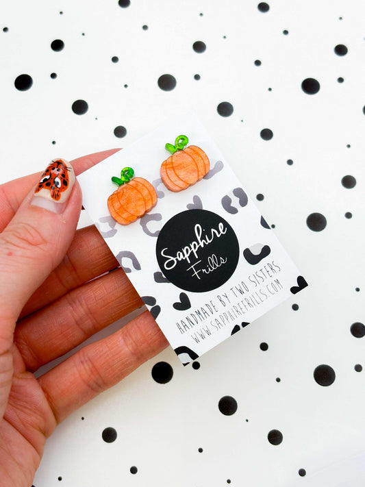 Small Orange and Green Glitter Marble Acrylic Pumpkin Stud Earrings – Hypoallergenic Stainless Steel