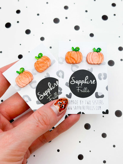 Small Orange and Green Glitter Marble Acrylic Pumpkin Stud Earrings – Hypoallergenic Stainless Steel