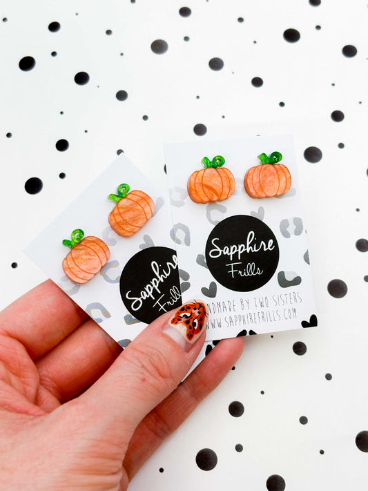 Small Orange and Green Glitter Marble Acrylic Pumpkin Stud Earrings – Hypoallergenic Stainless Steel