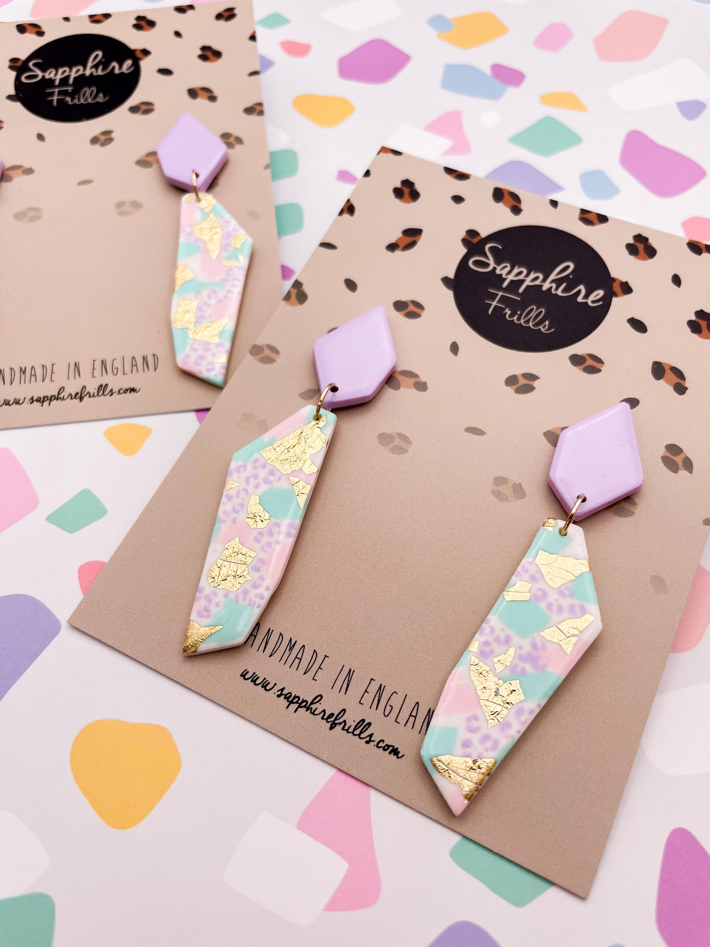 Pastel Terrazzo Jungle Leopard & Champagne Foil Stone Dangle Earrings