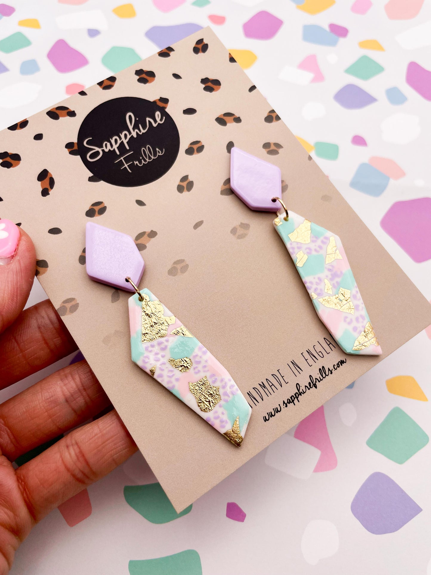Pastel Terrazzo Jungle Leopard & Champagne Foil Stone Dangle Earrings