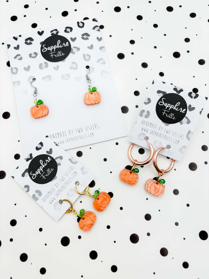 Small Orange and Green Glitter Marble Acrylic Pumpkin Dangle Earrings or Necklace – Hypoallergenic Stainless Steel